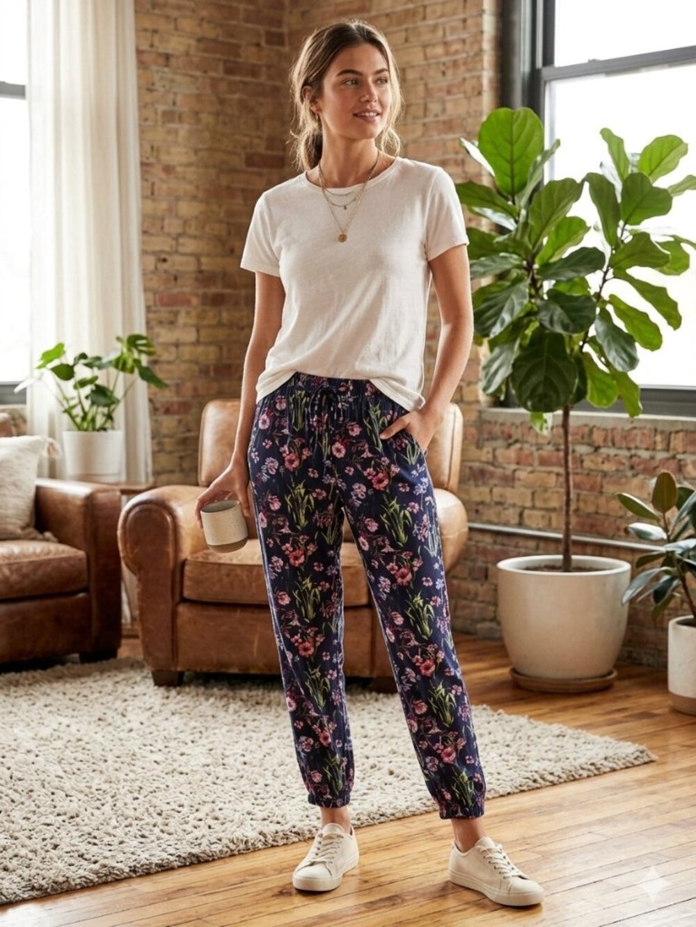L.o.g.g Size 6 Navy/Floral lightweight ankle length pants